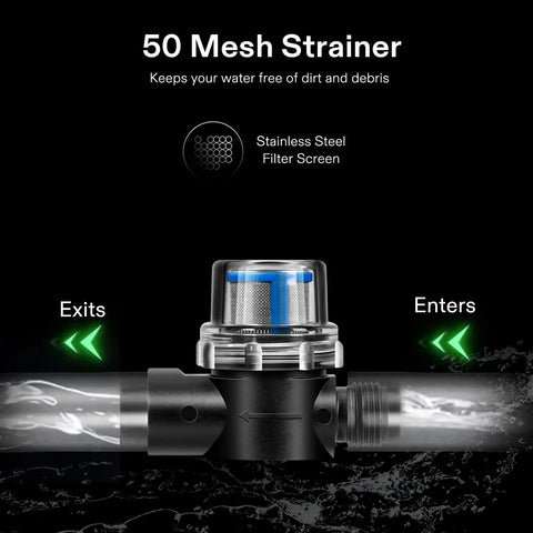 Diaphragm Water Pressure Pump 115V, 4 GPM At 45 PSI With 100 Ft Lift showing built-in 50 mesh stainless steel strainer filter