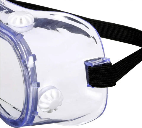 Close-up of Chemical Splash Safety Goggles With Anti Fog Coating Clear Lens Wide Vision Soft Comfy Lightweight Feel Adjustable Strap