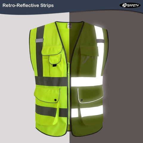 Nine Pocket Hi Vis Class 2 Safety Vest With Zipper Front Pack Of Six Vests Reflective Strips Meets ANSI ISEA Standards Breathable 120gsm Polyester Tricot Lightweight Durable And Washable For Everyday Work