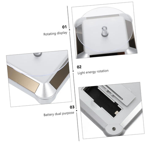 Top view of Didiseaon Solar Powered Rotating Jewelry Display Stand Decorative Rack showing motor and battery slot for accessories.
