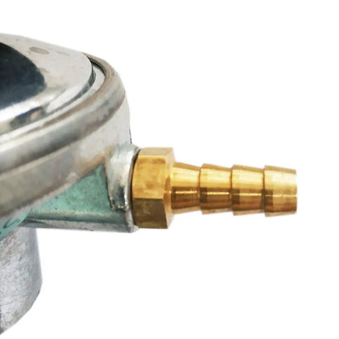 Close-up of One Pound Propane Tank Low Pressure Adjustable Gas Regulator with 1/4 inch barb hose connection detail.