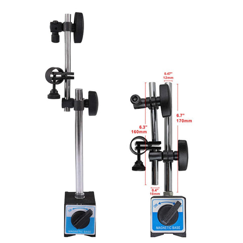 Qnkaa dial indicator with magnetic base, long adjustable arm; front view, 0-10 mm range, 0.01 mm resolution