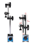 Dial indicator with magnetic base on adjustable long arm; front and side views.