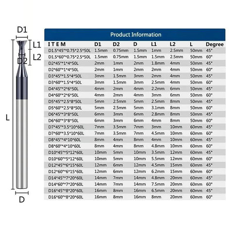 Front view of Ddyspan dovetail milling cutter, carbide end mill, 1.5-16 mm shank, 45/60°