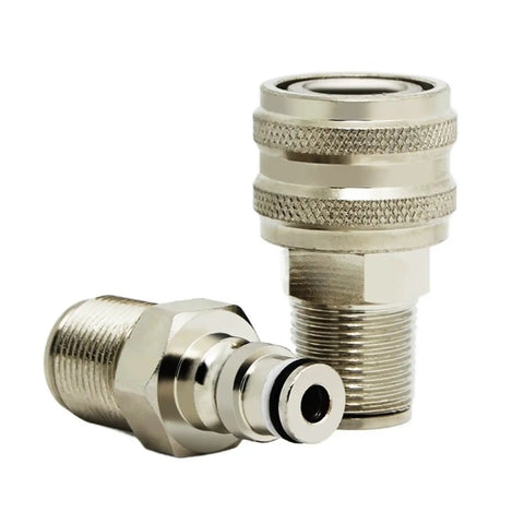 Heavy Duty M22X1.5 Badass Quick Coupler Carbon Steel Hydraulic Jack Connector Rated 70 Mpa Compression Resistance Quick Swap Built Legit For Garage Grind And Pro Shop Runs, showing nickel-plated connectors.