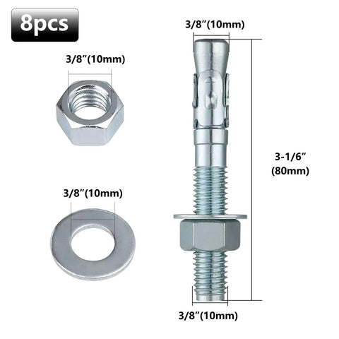 Pack Of Eight Zinc Plated Wedge Anchors Measuring Three Eighths Inch By Three And One Sixth Inches For Concrete Heavy Duty Carbon Steel Expansion Bolts