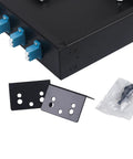 Snap On 24 Fiber Rack Mount Optical Distribution Enclosure Box with LC UPC Adapters, includes mounting plates and screws.