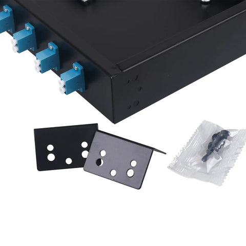 Snap On 24 Fiber Rack Mount Optical Distribution Enclosure Box with LC UPC Adapters, includes mounting plates and screws.