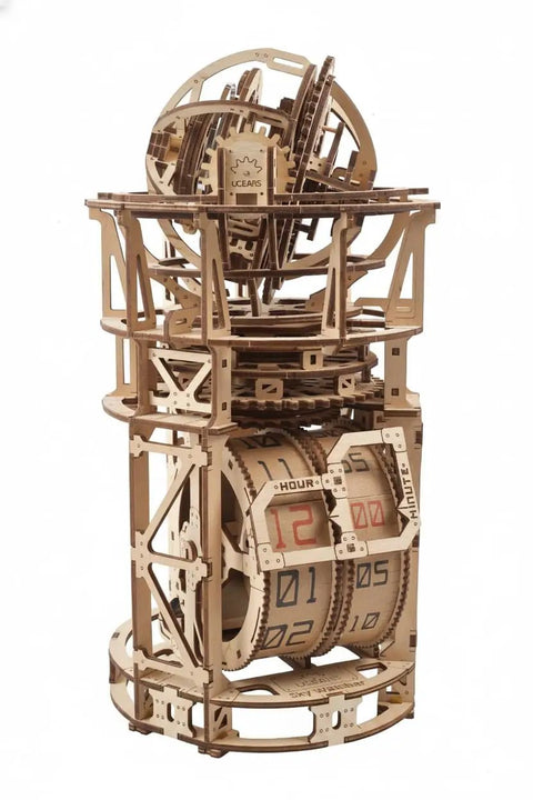 Sky Watcher Tourbillon Table Clock 3D Wooden Puzzle For Adults, DIY Mechanical Watch Kit, 3 Axis Tourbillon With Adjustable Balance Wheel, 338 Pieces, Working Clock, Great Father's Day Gift, Learn To Build. Wooden desk clock model with visible gears and hour dial.
