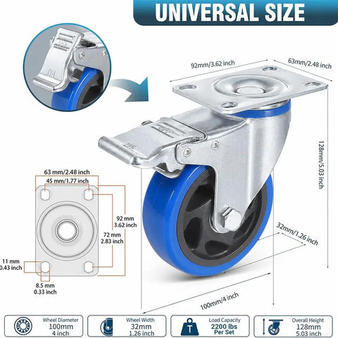 Four Inch Heavy Duty Caster Wheels Set Of Four Featuring Dual Locking Brakes And Super Smooth Polyurethane Rollers For Quiet Garage Haulin Badass Equipment Rolling Up To 2200 Lbs Capacity With Free Mounting Hardware Included, detailed with size and design.