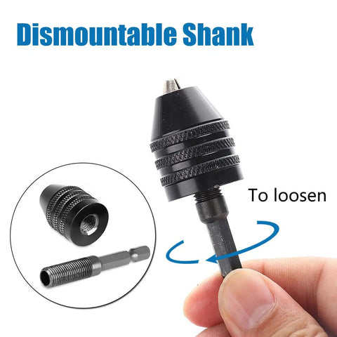 Keyless Mini Drill Chuck Adapter For Cordless Screwdrivers And Impact Drivers Quick Change Converter with hex shank close-up