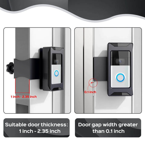 Adjustable Anti Theft Video Doorbell Mount Bracket For Ring And Blink installed on door, showing fit for 1-2.35 inch thickness