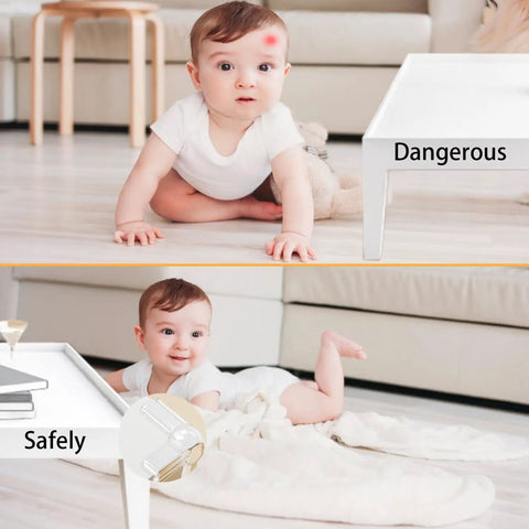 Kid Safe Corner Guards For Baby Proofing Edges And Tables, 40 Pack shown protecting baby from sharp table edge