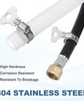 Close-up of Four Pack Adjustable Hose Clamps 6.1 to 7 Inch 304 Stainless Steel Worm Gear on black and white hoses with key turn.
