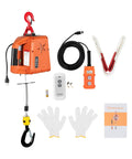 Rugged Heavy Duty 1500 Watt Electric Chain Hoist Winch With Remote 110V Portable Crane Lift components including hoist, remote, gloves, and cables.
