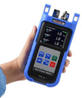 Hand holding blue UPC Connector PON Optical Power Meter For EPON Networks, measuring 1310 1490 1550 nm wavelengths.