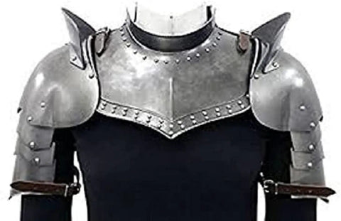 Iron Armor Gorget Set With Pauldrons And Spaulders For Medieval Cosplay, Steel Finish Costume Armor Shield For Shoulder And Neck