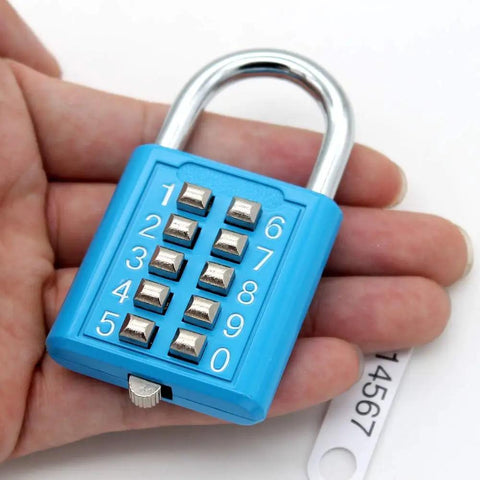 10 Dial Button Combination Padlock With 5 Position Locking Mechanism, blue padlock in hand, showing number keypad and metal shackle.