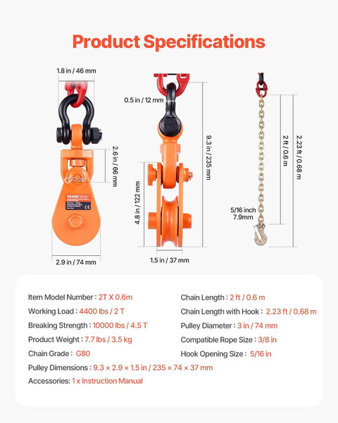 Product specifications for Beefed-Up 2-Ton Snatch Block With G80 Chain And Swivel Shackle, 3 Inch Sheave For 3/8 Inch Wire Rope, Heavy Duty Pulley For Towing And Recovery On Flatbed Tow Trucks Rollbacks And Wreckers, with dimensions