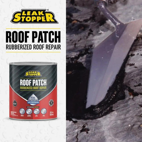 29 Oz Leak Stopper Roof Patch, Fiber Reinforced Rubberized Trowel Grade Sealant in use on a roof surface