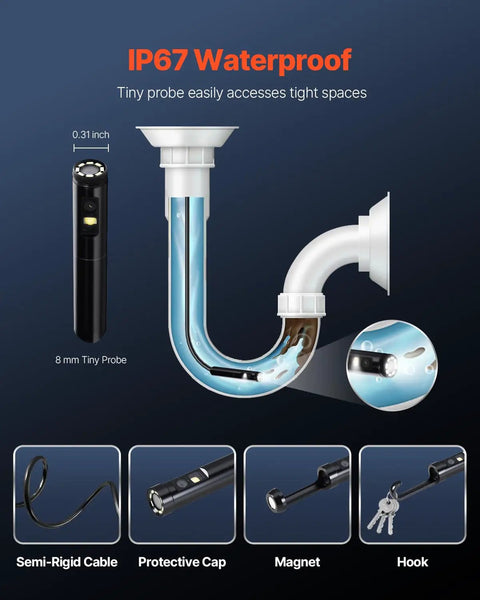 Dual Lens Endoscope Camera With Light For Android And iOS 1920P HD Borescope With 8 And 1 LED Lights 2x Zoom 16.4ft Snake Cable IP67 Waterproof Inspection Camera For Auto And Plumbing, 8 mm probe