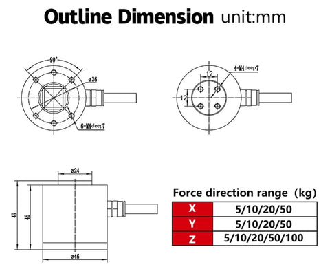 Technical schematic of Multidimensional Force Sensor For Three Or Six Axis Machining And Precision Weighing, 0-50 Kg Capacity