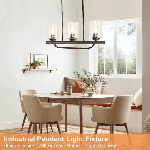 Three Light Rustic Pendant Light Fixture With Glass Shade, Flush Mount Farmhouse Chandelier In Black For Kitchen Island And Dining Room, Adjustable Ceiling Light With E26 Base For Home And Restaurant