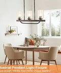 4 Light Adjustable Kitchen Island Pendant Light Fixture in Rustic Metal Wood with Glass Shade above dining table