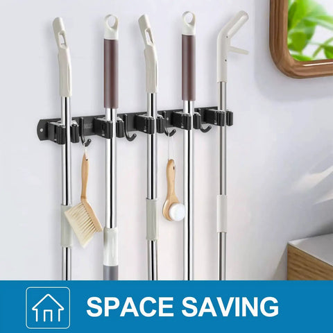 Heavy Duty Broom Holder Wall Mount For Garage And Laundry Room Stainless Steel Mop Organizer With Five Racks And Four Hooks