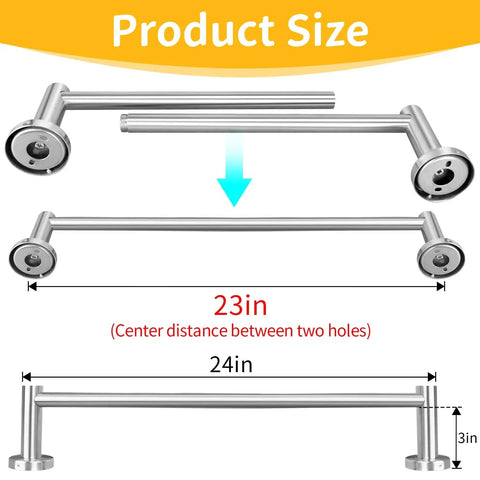 Slick Heavy Duty Towel Bar For Modern Bathroom With Premium Grade Brushed Nickel Finish showing size dimensions of 23in center distance.