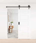 Interior view with white door using Black Antique Sliding Barn Door Roller Kit With Floor Guide And Door Stoppers Screws And Anti Jump Block Heavy Duty Hangers For 30 To 48 Inch Wide Doors 230 Pound Capacity J Shape Bent Design