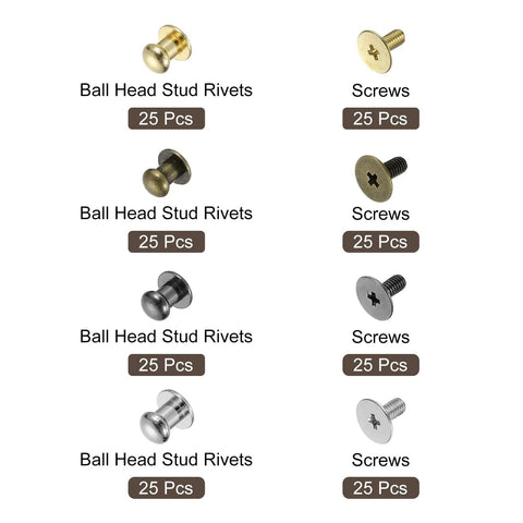 6mm Ball Head Rivet Set With Screw Back 100 Pack For DIY Leather Craft Handbags And Belts, Round Head Button Nipple Rivets In 4 Colors, Easy Secure Studs For Craft Projects; 25 pcs rivets and screws in gold, bronze, gunmetal, silver