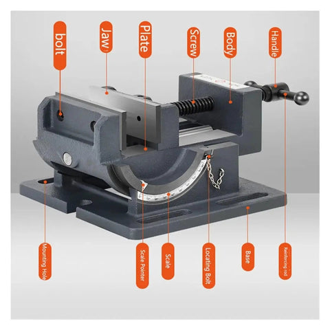 Rock Solid Adjustable Tilting Bench Vise And Precision Work Clamp Built Like A Tank For Woodworking And Metal Drilling Machines No Sweat Smooth Quick Release Lever labeled parts diagram