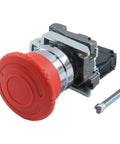 Straight Up Heavy Duty Emergency Stop Push Button Switch with red top, designed for xb4 bs8442 and zbe102 panels, 22mm size.