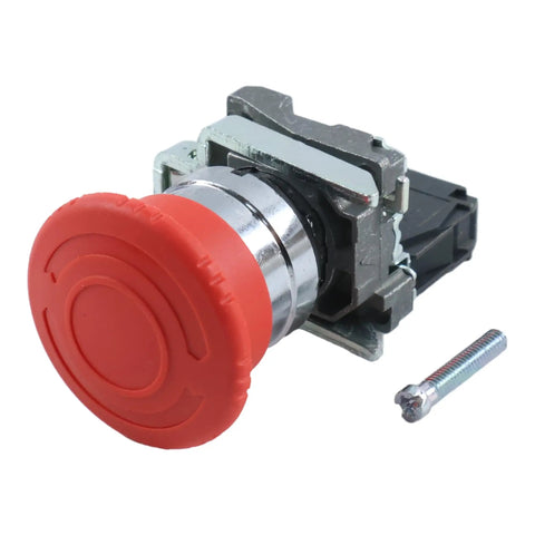 Straight Up Heavy Duty Emergency Stop Push Button Switch with red top, designed for xb4 bs8442 and zbe102 panels, 22mm size.