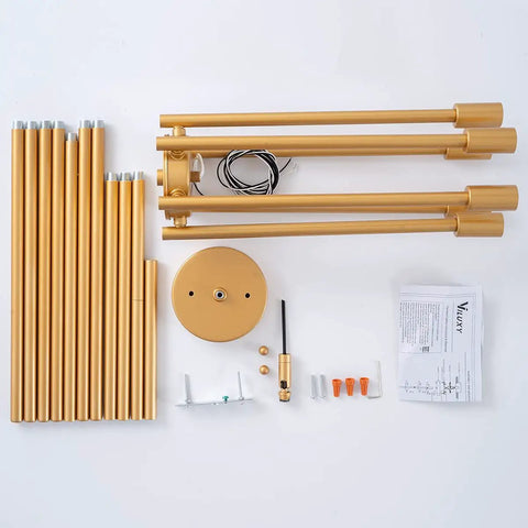 Components of Mid Century Modern 6 Light Chandelier With Adjustable Arms In Antique Brass Brush Finish Pendant Lighting laid out
