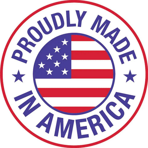 Circular badge with 'Proudly Made in America' text and American flag graphic.