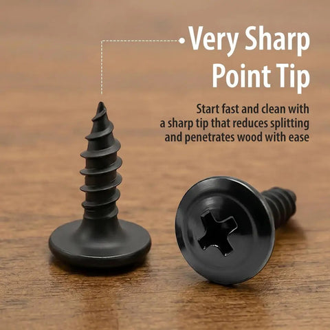 Get Your Hands On These Number 8 X 1/2 Black Modified Truss Head Wood Screws 500 Pack showing a sharp point tip for easy wood penetration.