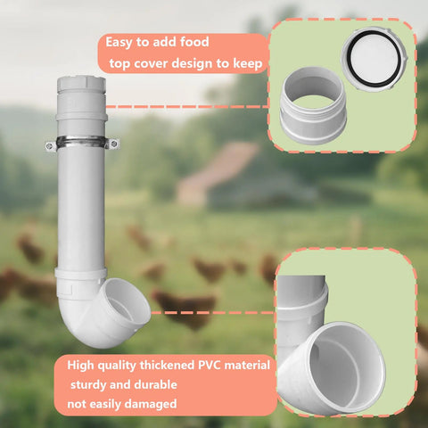 3 Pack Automatic Chicken Feeder Made With Premium PVC Pipe Hanging Design Featuring Sturdy Lid For Poultry Care Easy To Install And Clean To Reduce Feed Waste This Durable Feeding Dispenser Is Built Tough For Long Lasting Use In Your Coop Setup