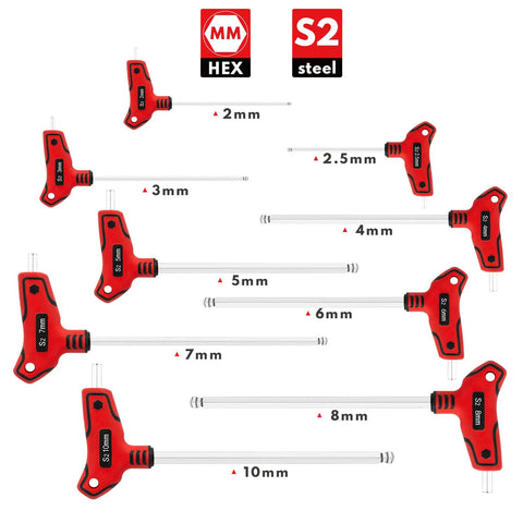 Nine Piece T Handle Hex Key Set With Ball End, Metric 2mm To 10mm, S2 Steel Allen Wrenches for tight spaces