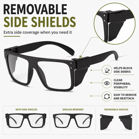 Kickass Ansi Z87 Safety Glasses Featuring Hella Smooth Photochromic Anti Blue Light Lenses With Solid UV400 Protection Lightweight Polycarbonate Frame In Matte Black with removable side shields shown from the front