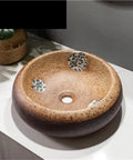 USZWBY Modern Round Vessel Vanity Sink Above Counter Basin Ceramic Wash Countertop Bathroom Art Balcony Simple with floral design.
