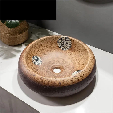 USZWBY Modern Round Vessel Vanity Sink Above Counter Basin Ceramic Wash Countertop Bathroom Art Balcony Simple with floral design.