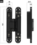 Two Pack 7 Inch Hidden Door Hinges In Black Finish with dimensions indicated, front and side view shown, 176 lb capacity.