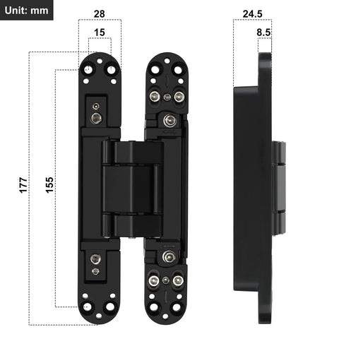 Two Pack 7 Inch Hidden Door Hinges In Black Finish with dimensions indicated, front and side view shown, 176 lb capacity.