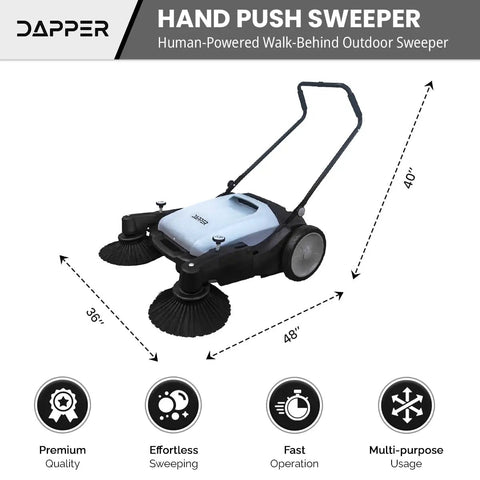 Top Shelf Manual Push Floor Sweeper With Thirty Six Inch Brush And Ten Point Five Gallon Dustpan Powers Through Driveways Garages And Pavement Without The Sweat Or Headache In Grey on pavement.