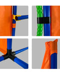 Close-up of All In One Dog Agility Training Kit connectors and materials, featuring orange fabric and blue poles, for indoor and outdoor use.