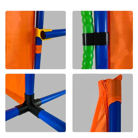 Close-up of All Weather Dog Agility Training Set For Indoor Or Outdoor Fun, showing pipe connectors and fabric details.