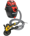 Premium 50 Foot Shop Vacuum Hose With Power Tool Adapter Set connected to vacuum and power tool for wet and dry cleanup.