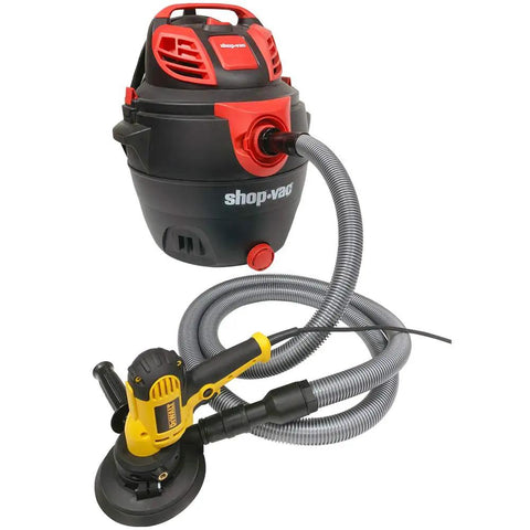 Premium 50 Foot Shop Vacuum Hose With Power Tool Adapter Set connected to vacuum and power tool for wet and dry cleanup.